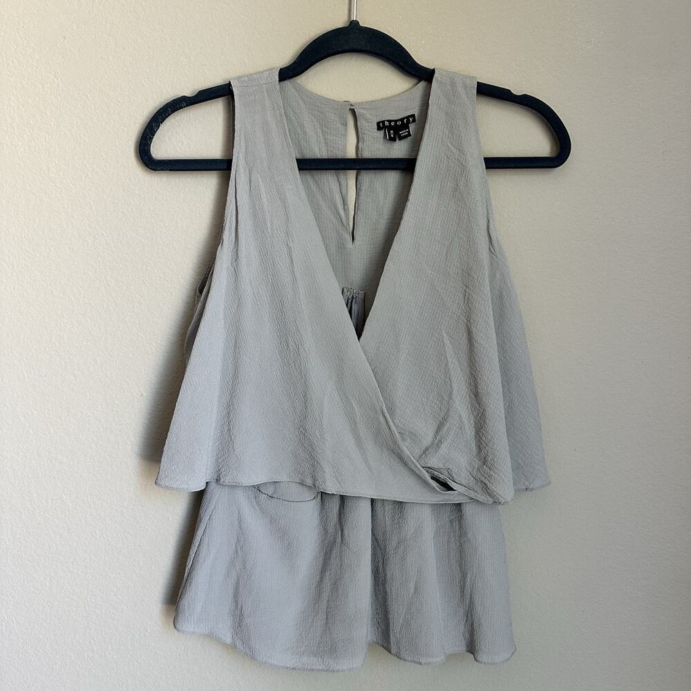 Theory Gray 100% Silk Alizay Sleeveless Top M Layered Wrap Peplum Quiet Luxury